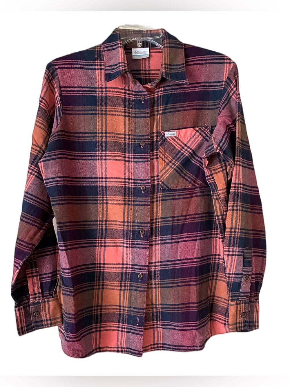 Columbia Flannel Shirt, Sz. L, Pink/Navy Plaid